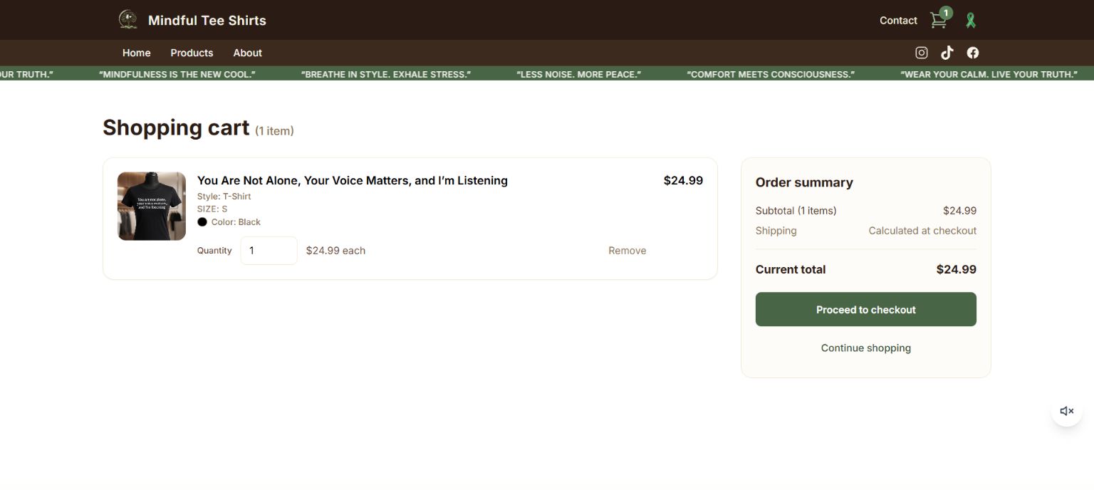 Mindful Tee Shirts cart page captured from the live product