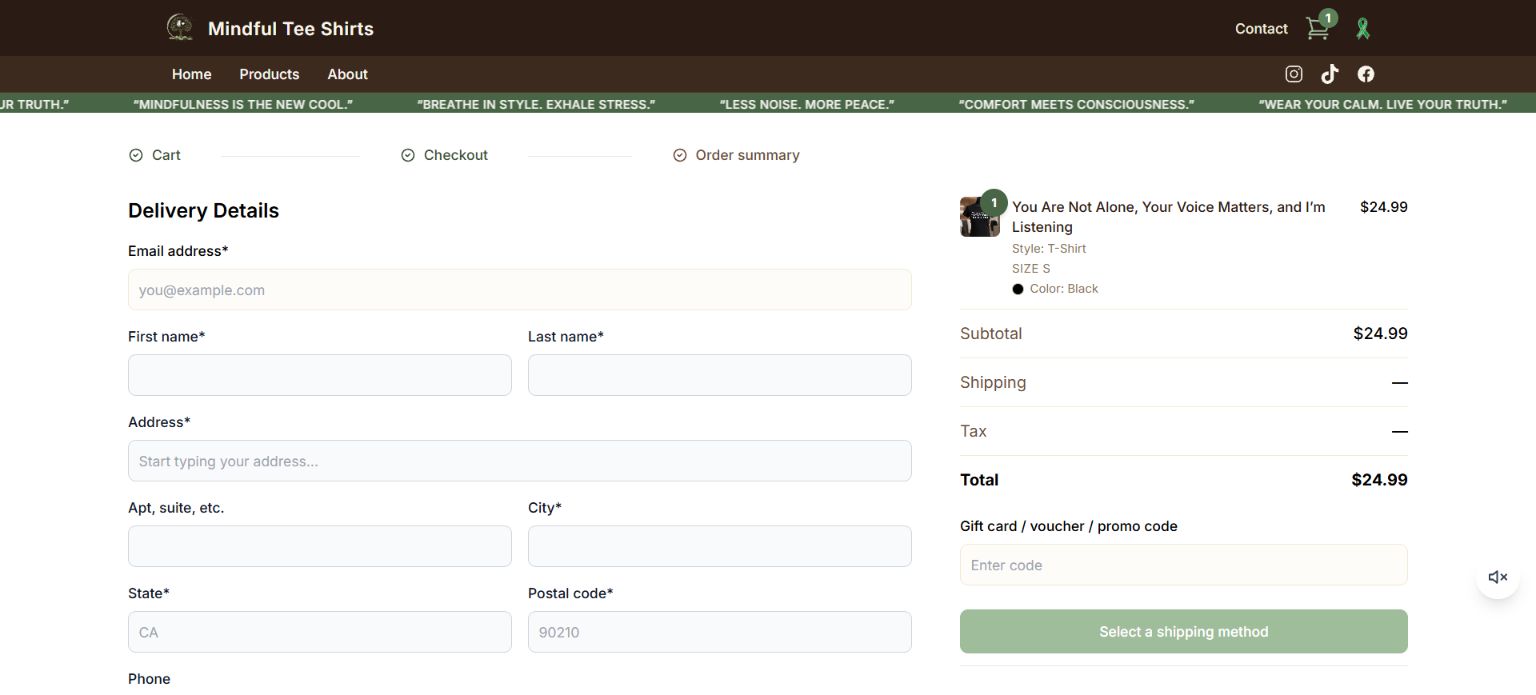 Mindful Tee Shirts checkout page captured from the live product