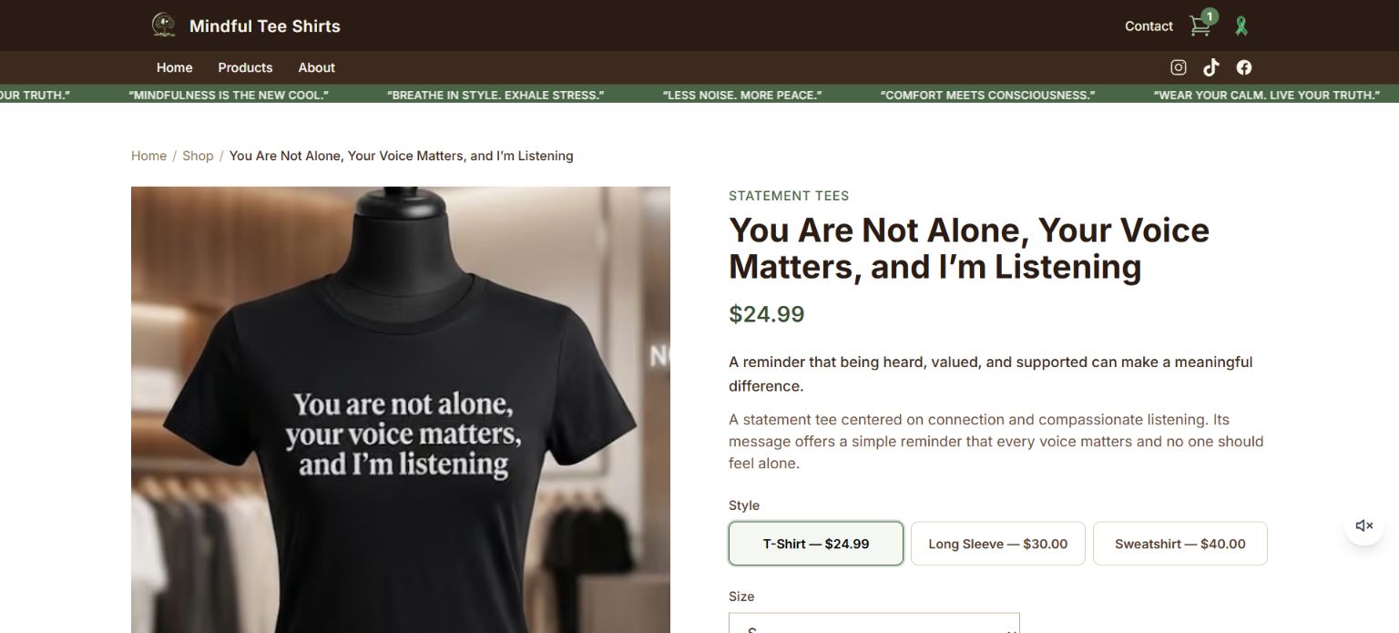 Mindful Tee Shirts product detail page captured from the live product