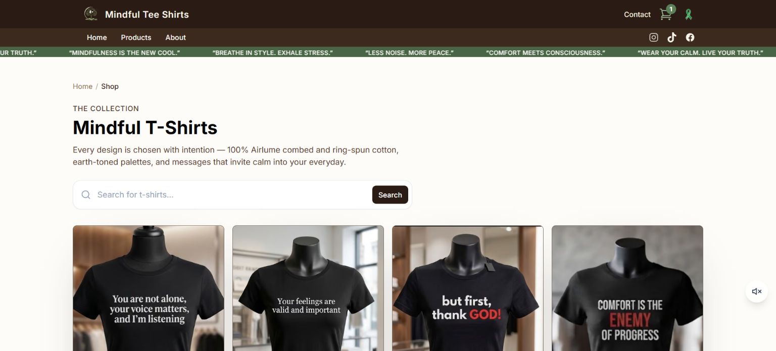 Mindful Tee Shirts product listing captured from the live product