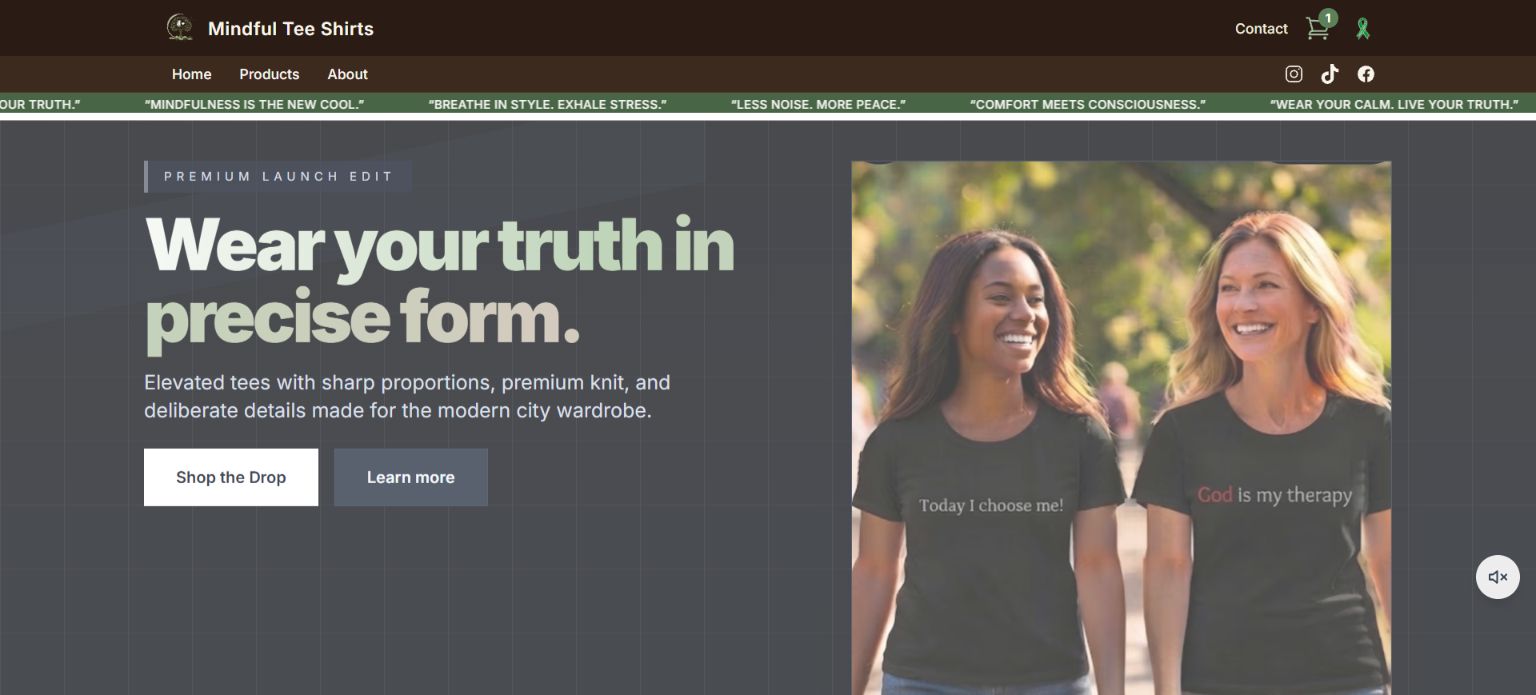 Mindful Tee Shirts storefront homepage captured from the live product