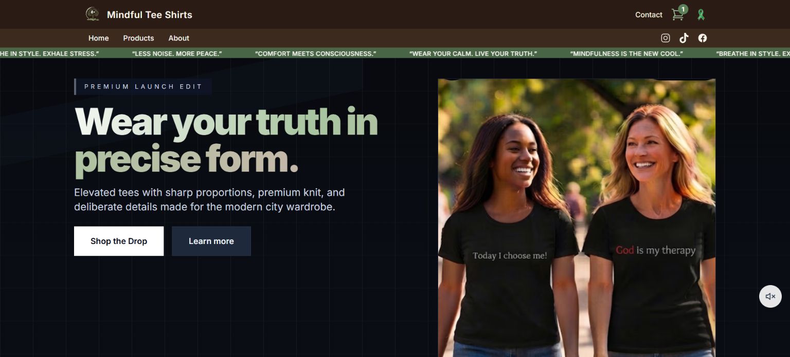 Mindful Tee Shirts live storefront homepage