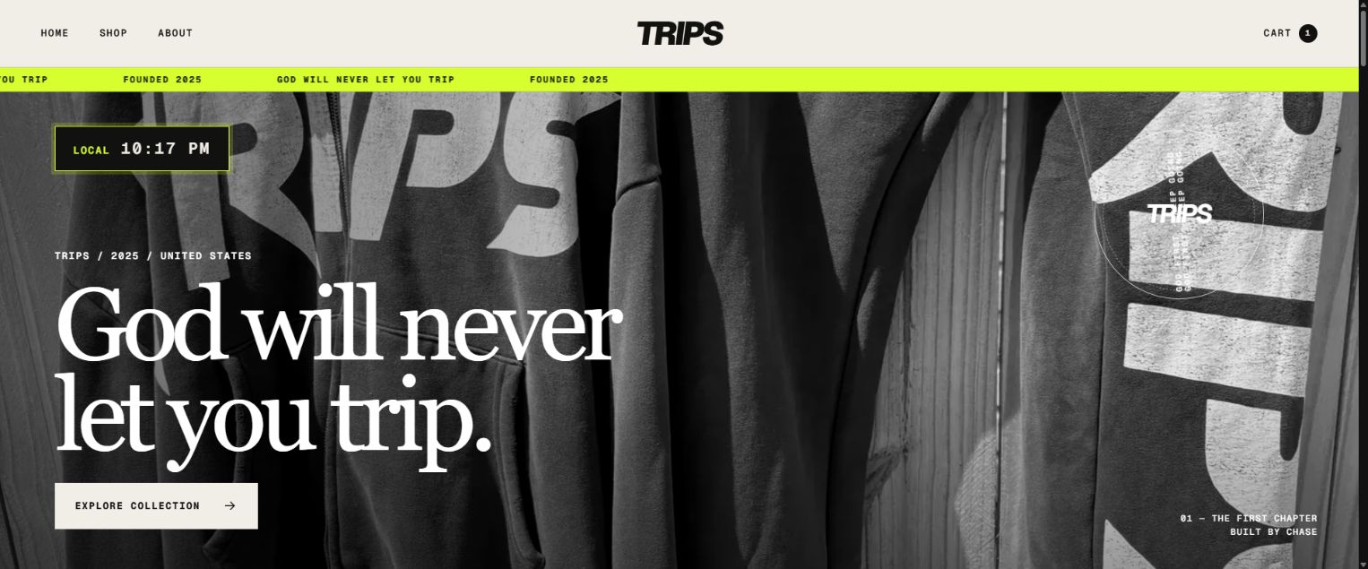 TRIPS live storefront homepage
